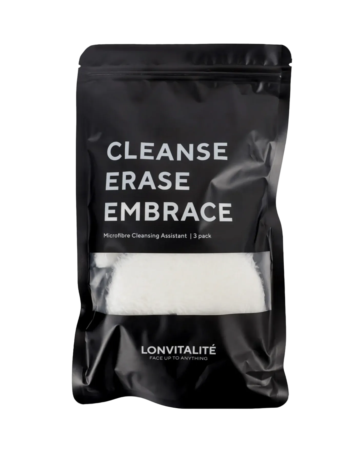 A black package containing two white microfibre cleansing rounds, branded as &